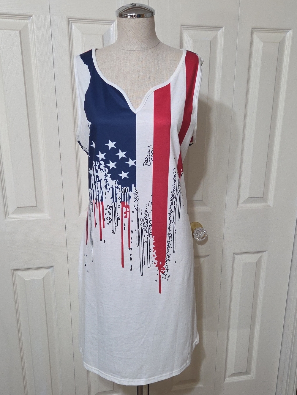 Source Unknown White Midi Dress with Red and Blue Flag Print
